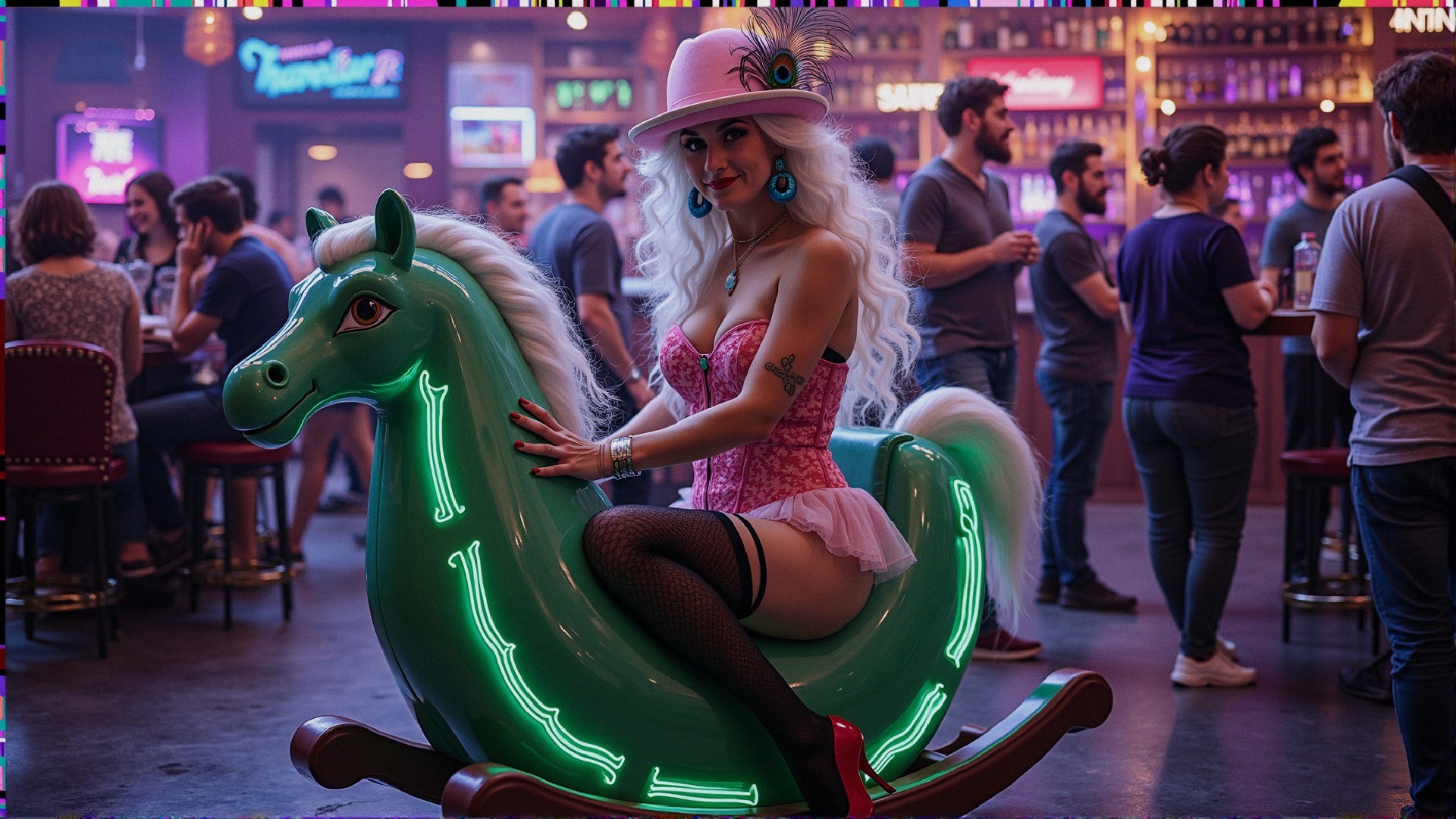 Woman on Neon Rocking Horse in Lively Bar Setting