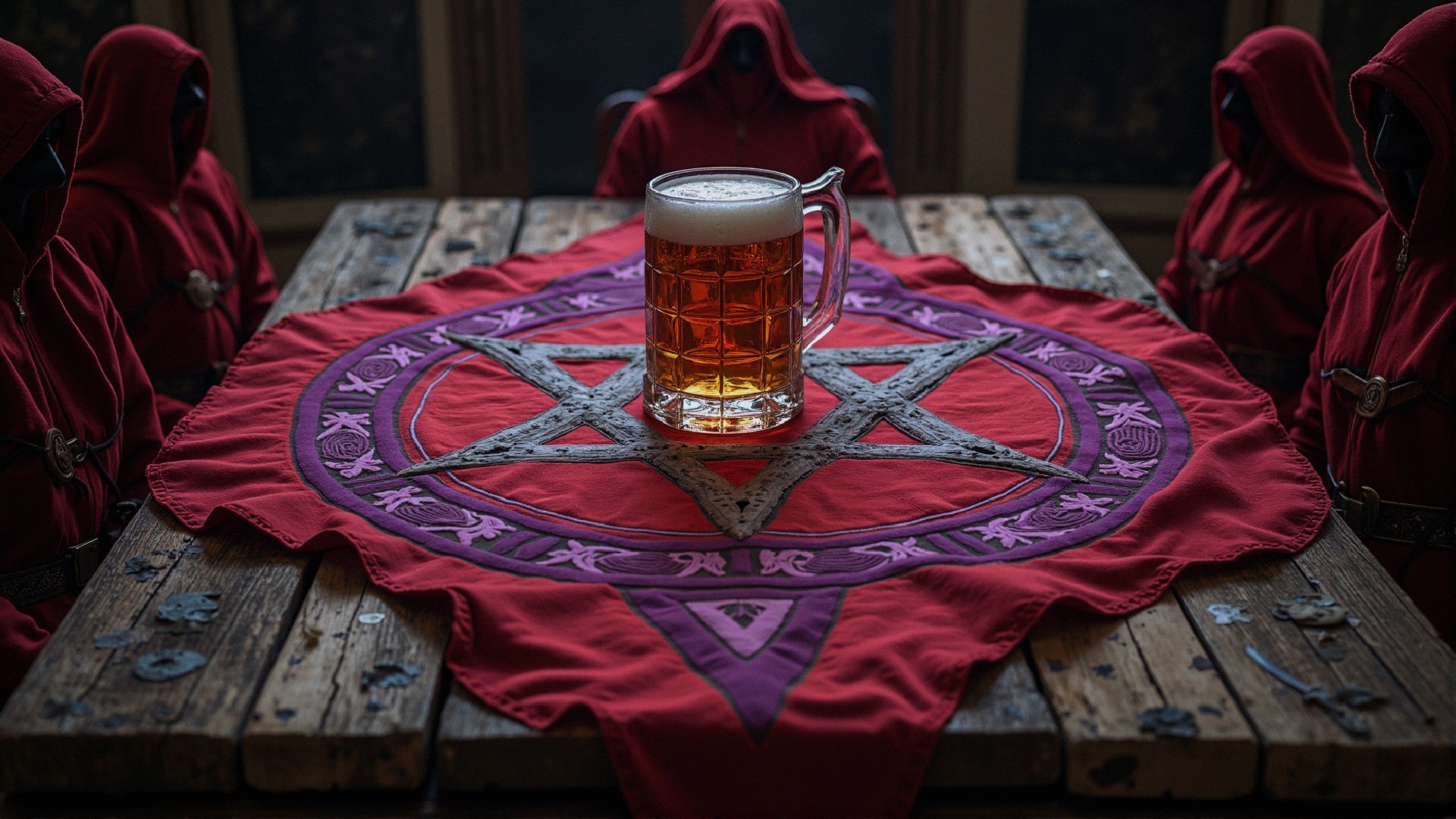 Mystical Gathering Around a Table with Beer and Cloaks