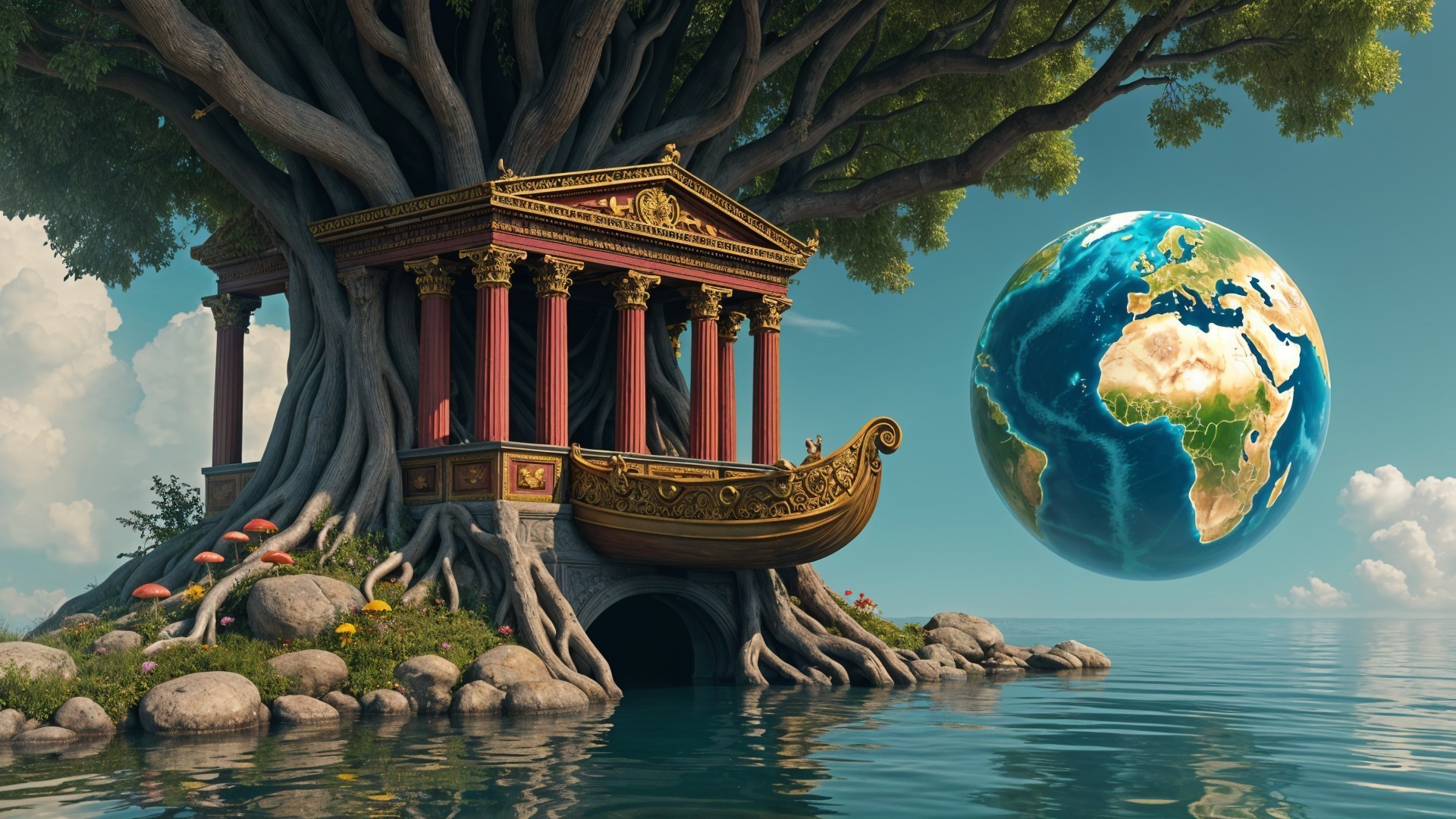 Ancient Temple Amidst Giant Tree and Cosmic Background