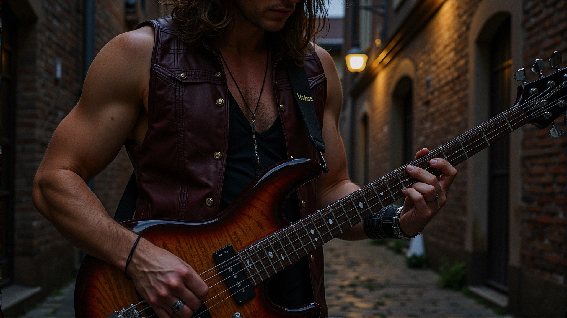 Musician Playing Electric Guitar in Alleyway at Night