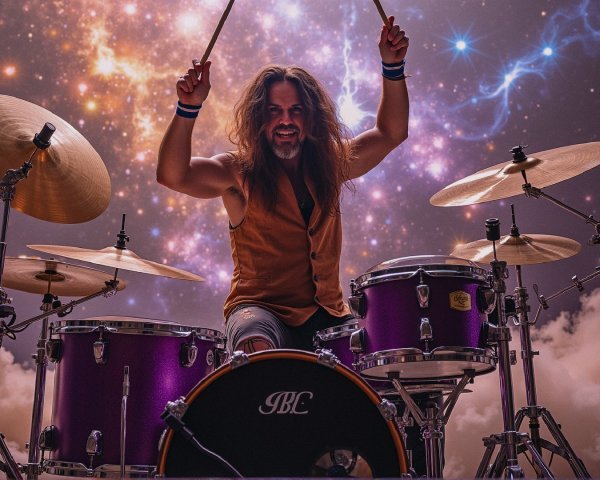 Drummer with Purple Set Against Cosmic Background