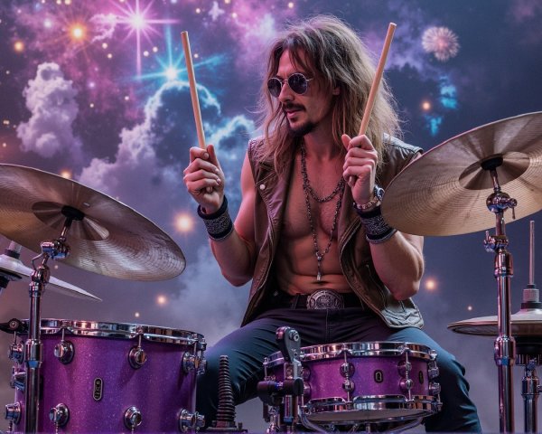 Rock Drummer with Purple Kit and Fireworks Display