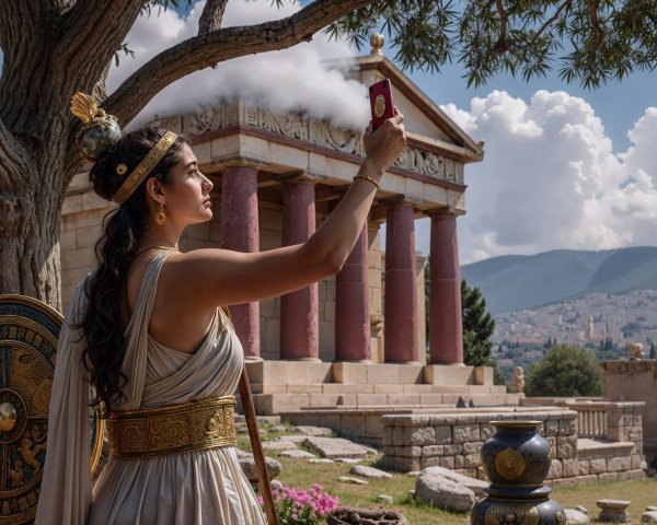 Woman in Ancient Greek Attire by Majestic Temple