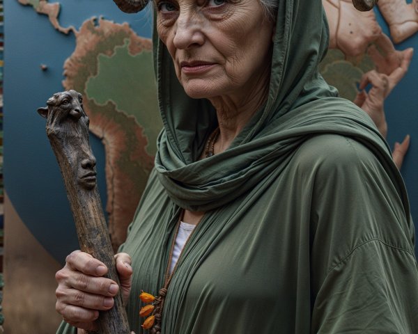 Elderly Woman with White Hair and Horns in Green Robe