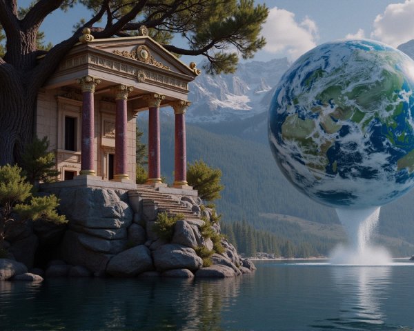 Ancient Temple Surrounded by Water and Mountains