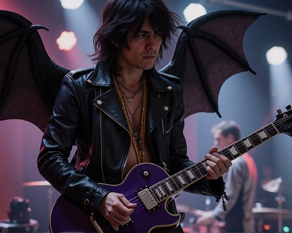 Musician with Purple Guitar and Bat Wings on Stage