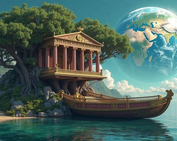Temple on Tree Surrounded by Nature and Calm Waters