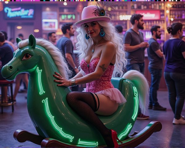 Woman on Neon Rocking Horse in Lively Bar Setting