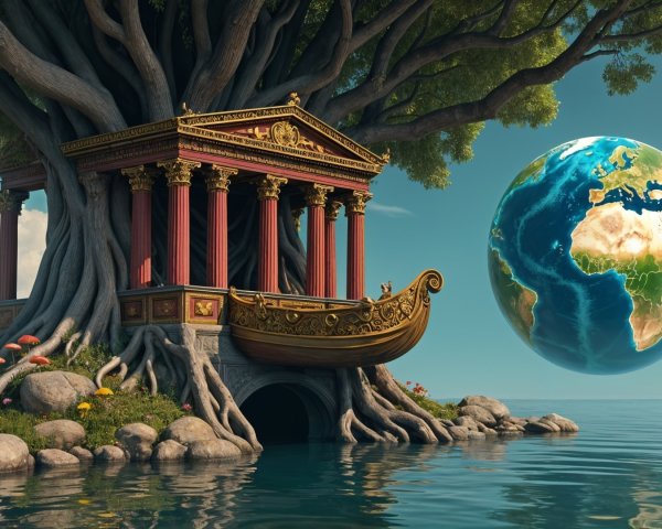 Ancient Temple Amidst Giant Tree and Cosmic Background
