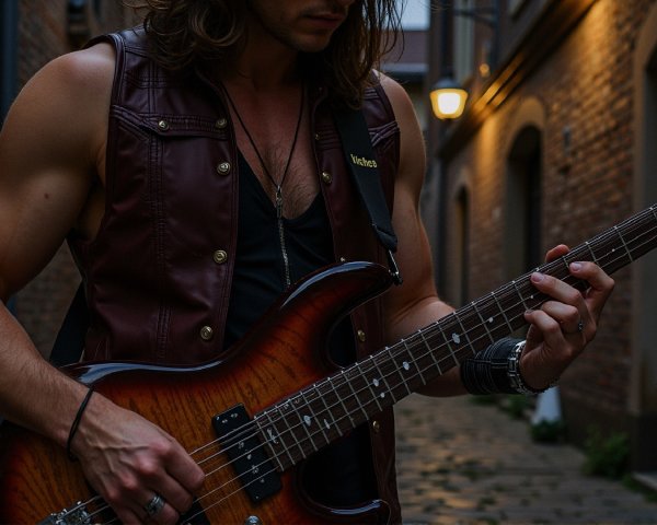 Musician Playing Electric Guitar in Alleyway at Night