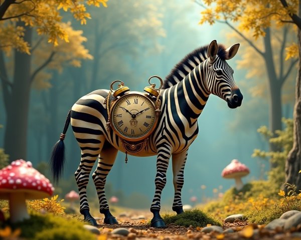 Zebra with Pocket Watch in Enchanted Forest Setting