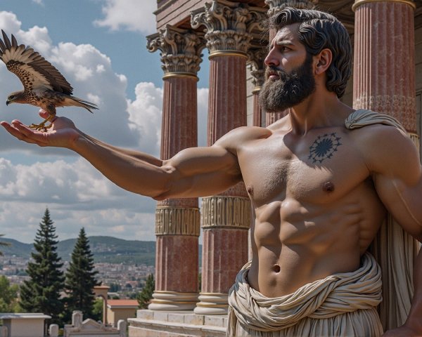 Muscular Man with Falcon in Classical Architecture Setting