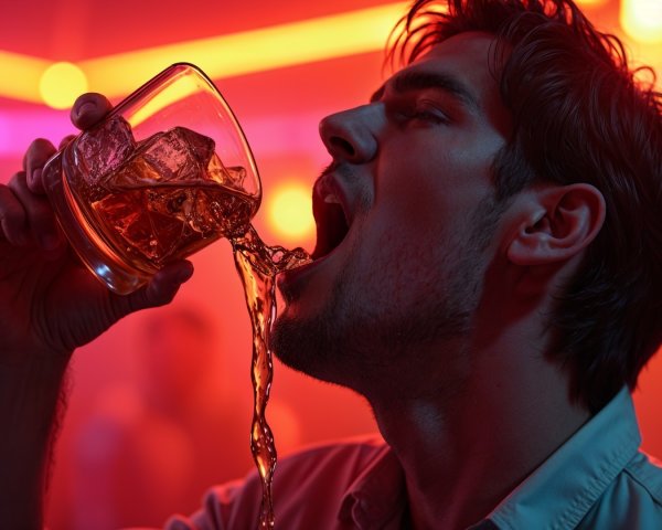 Young man pouring drink in vibrant bar setting