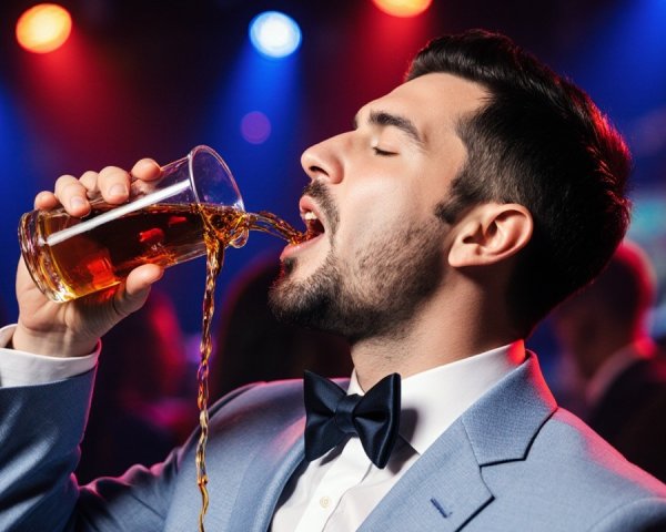 Man in Light Blue Suit Enjoys Beverage at Party