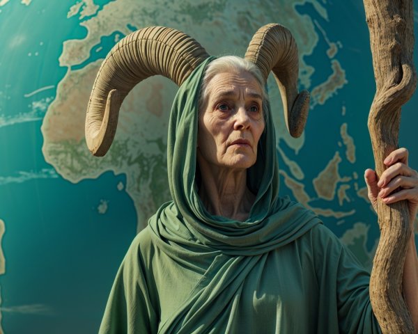 Elderly Figure with Globe and Staff in Serene Setting