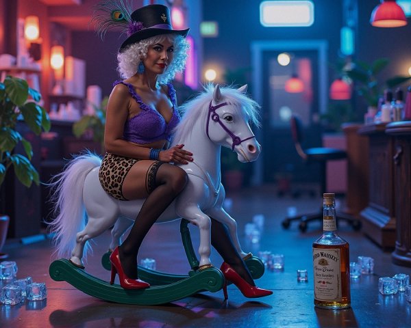 Woman on Rocking Horse in Vibrant, Dimly Lit Space