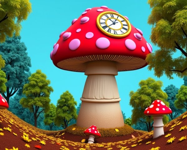 Whimsical Red Mushroom Scene in Vibrant Landscape