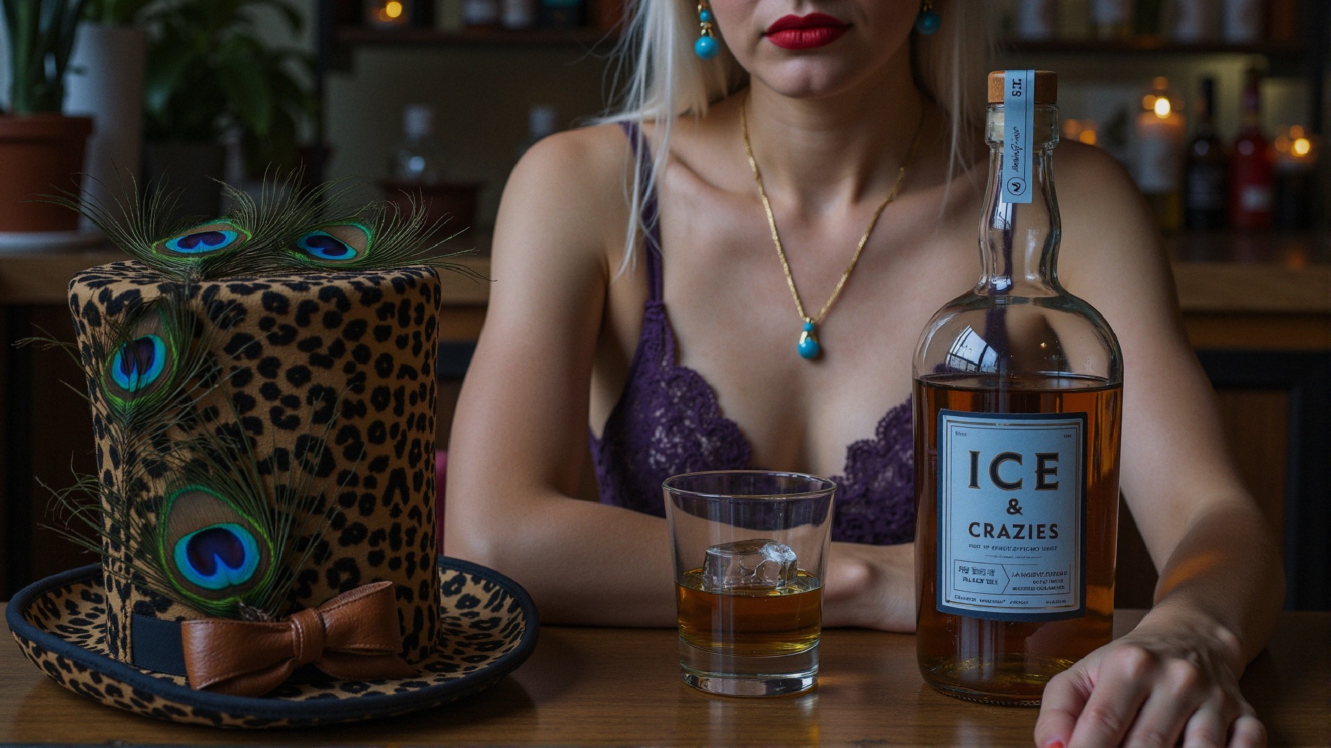 Stylish Woman at Bar with Purple Top and Unique Accessories