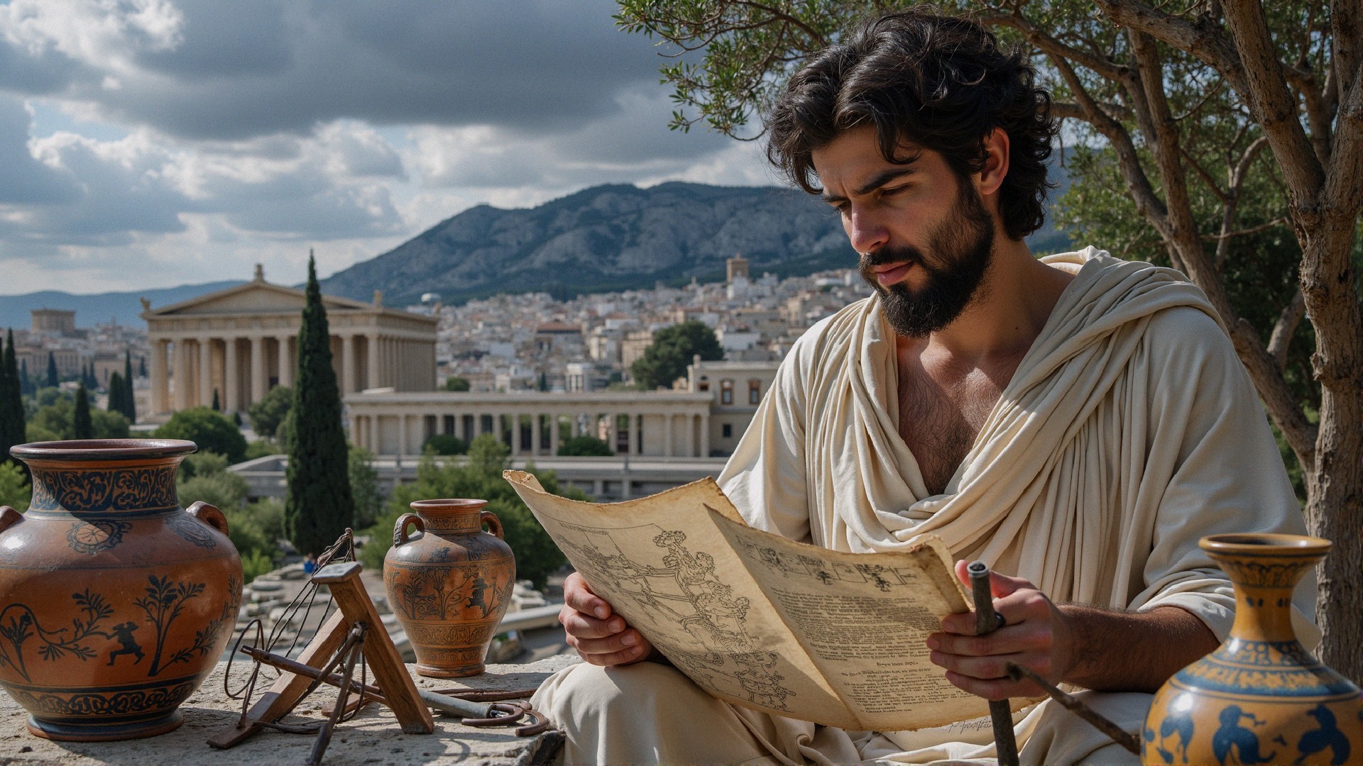 Young man in ancient Greek attire studying a scroll