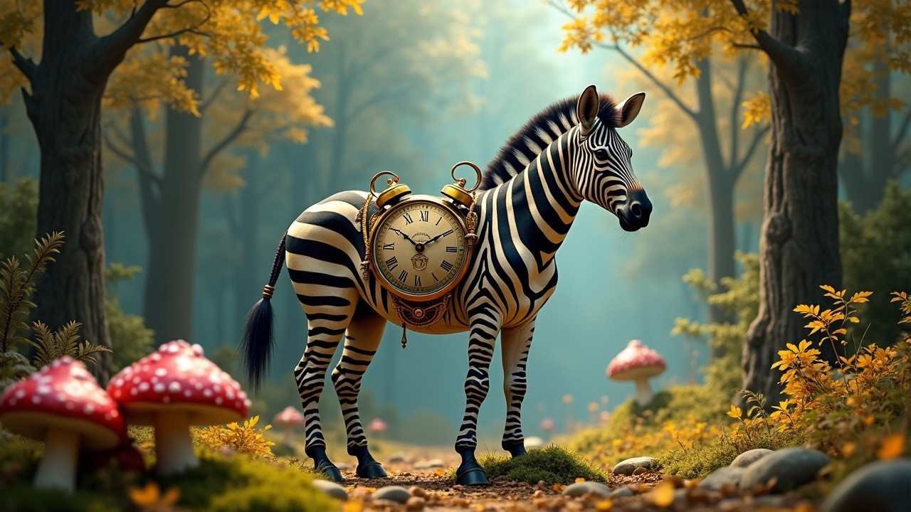 Zebra with Pocket Watch in Enchanted Forest Setting
