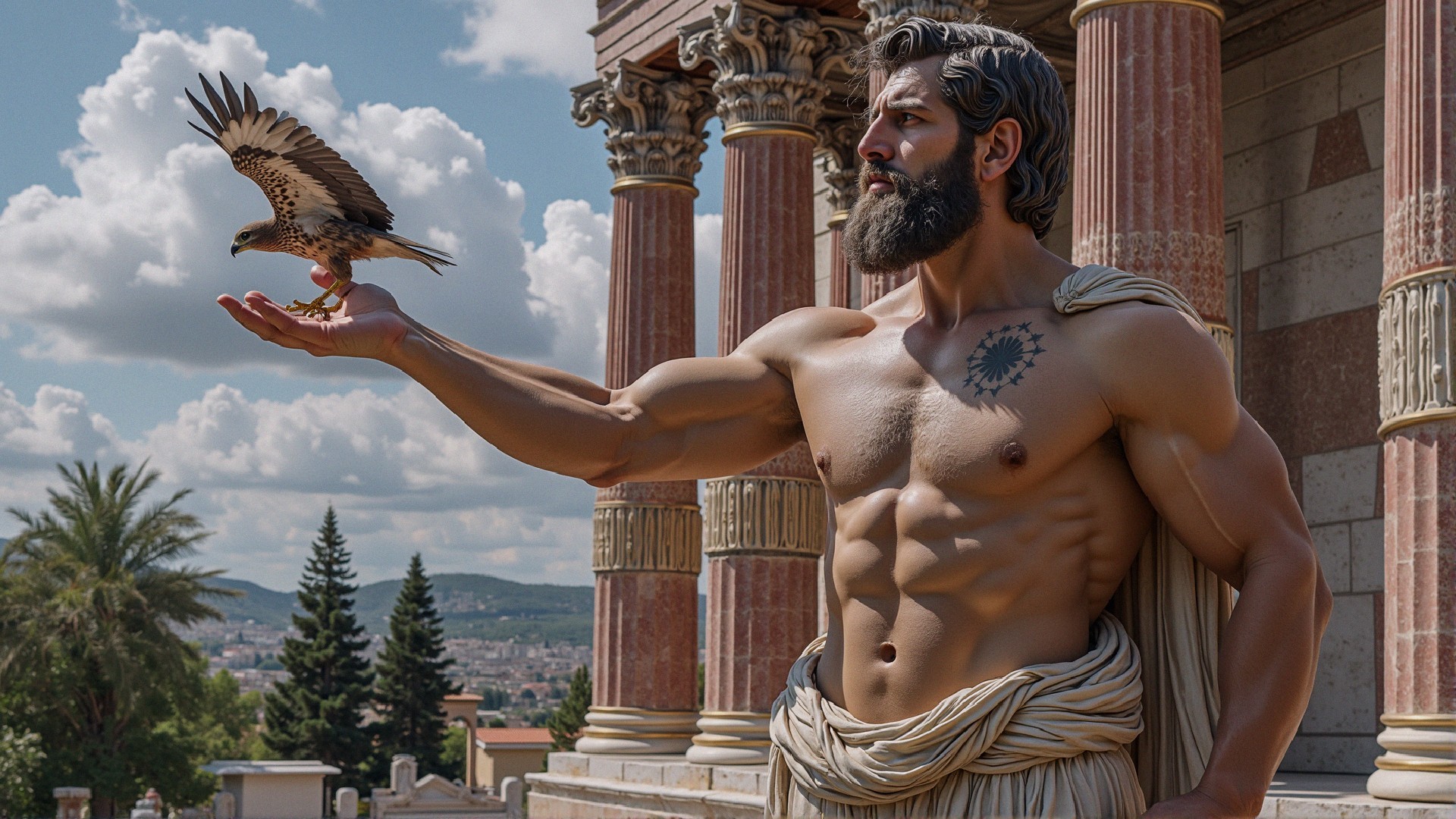 Muscular Man with Falcon in Classical Architecture Setting
