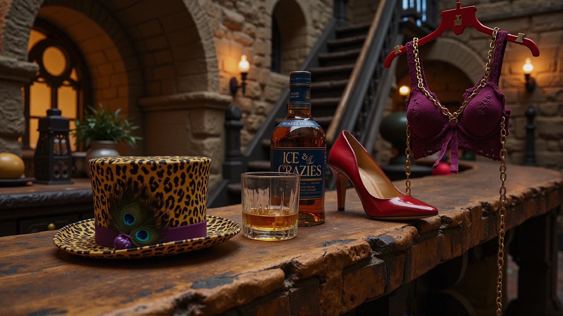 Leopard-Print Hat and Whiskey Display on Rustic Table