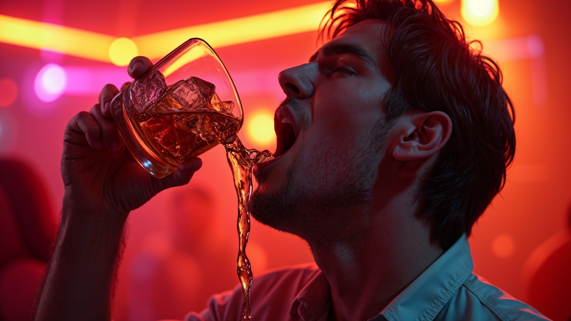 Young man pouring drink in vibrant bar setting