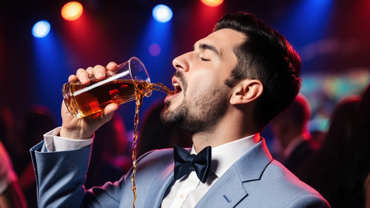 Man in Light Blue Suit Enjoys Beverage at Party
