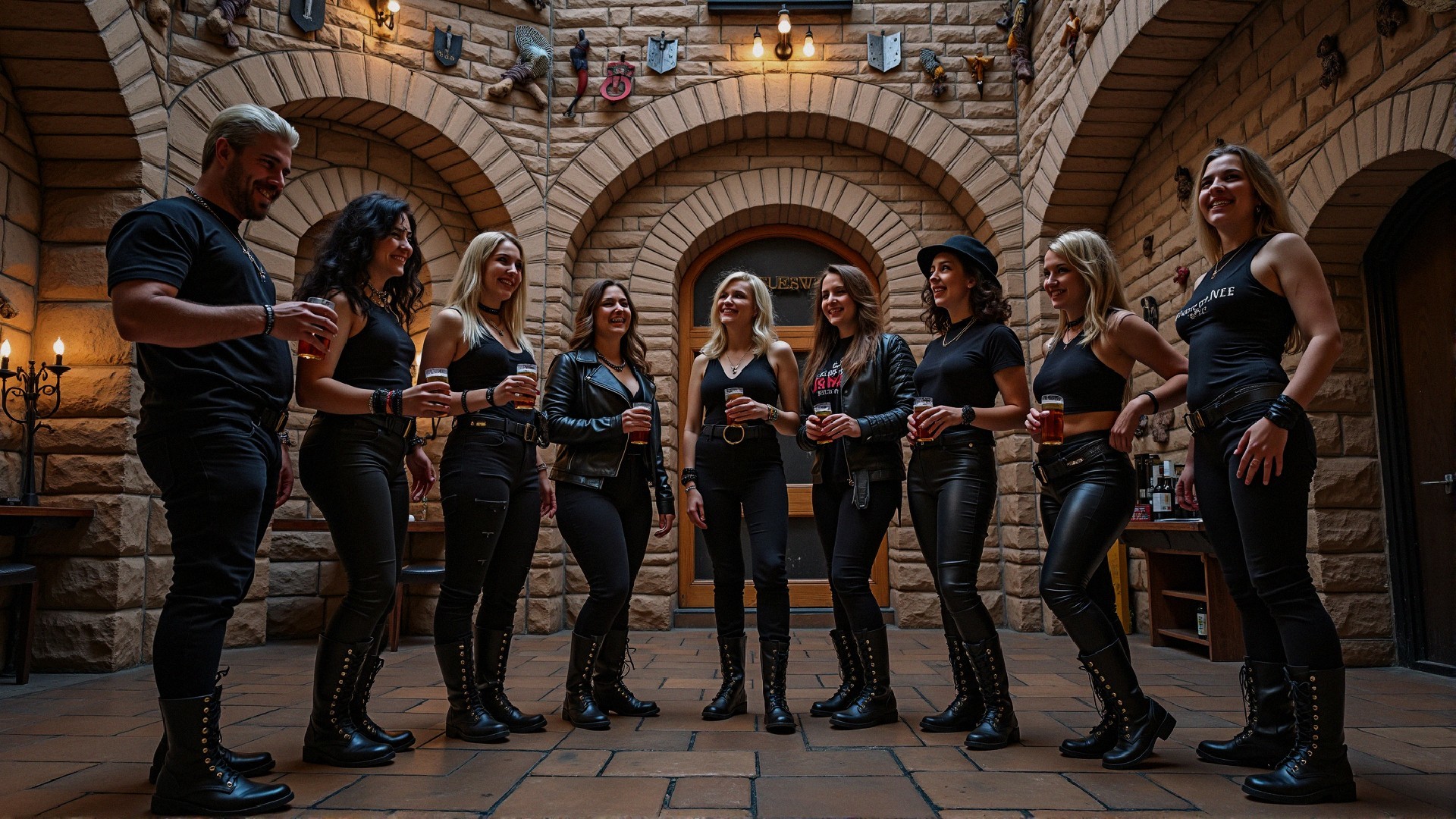 Group of Ten Individuals in Stone-Walled Venue