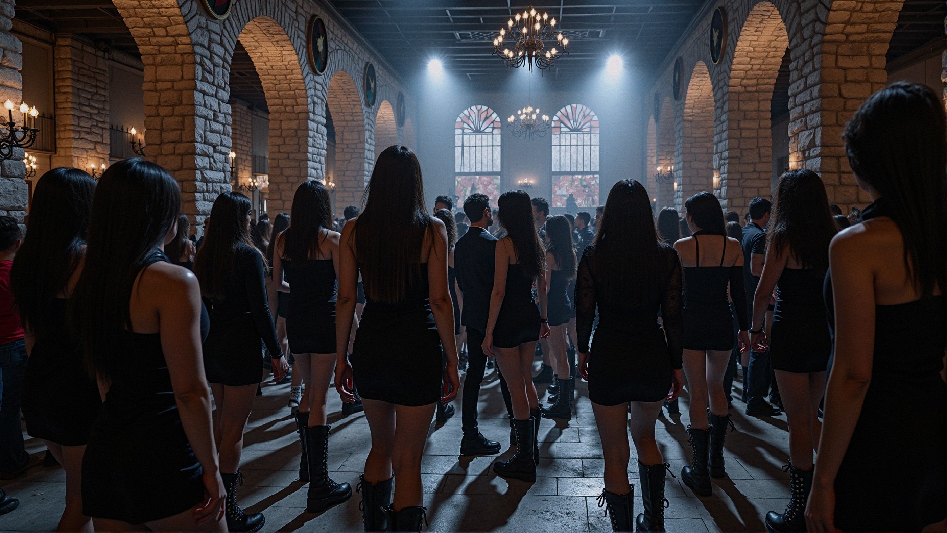 Dimly Lit Hall with Uniformed Gathering of People