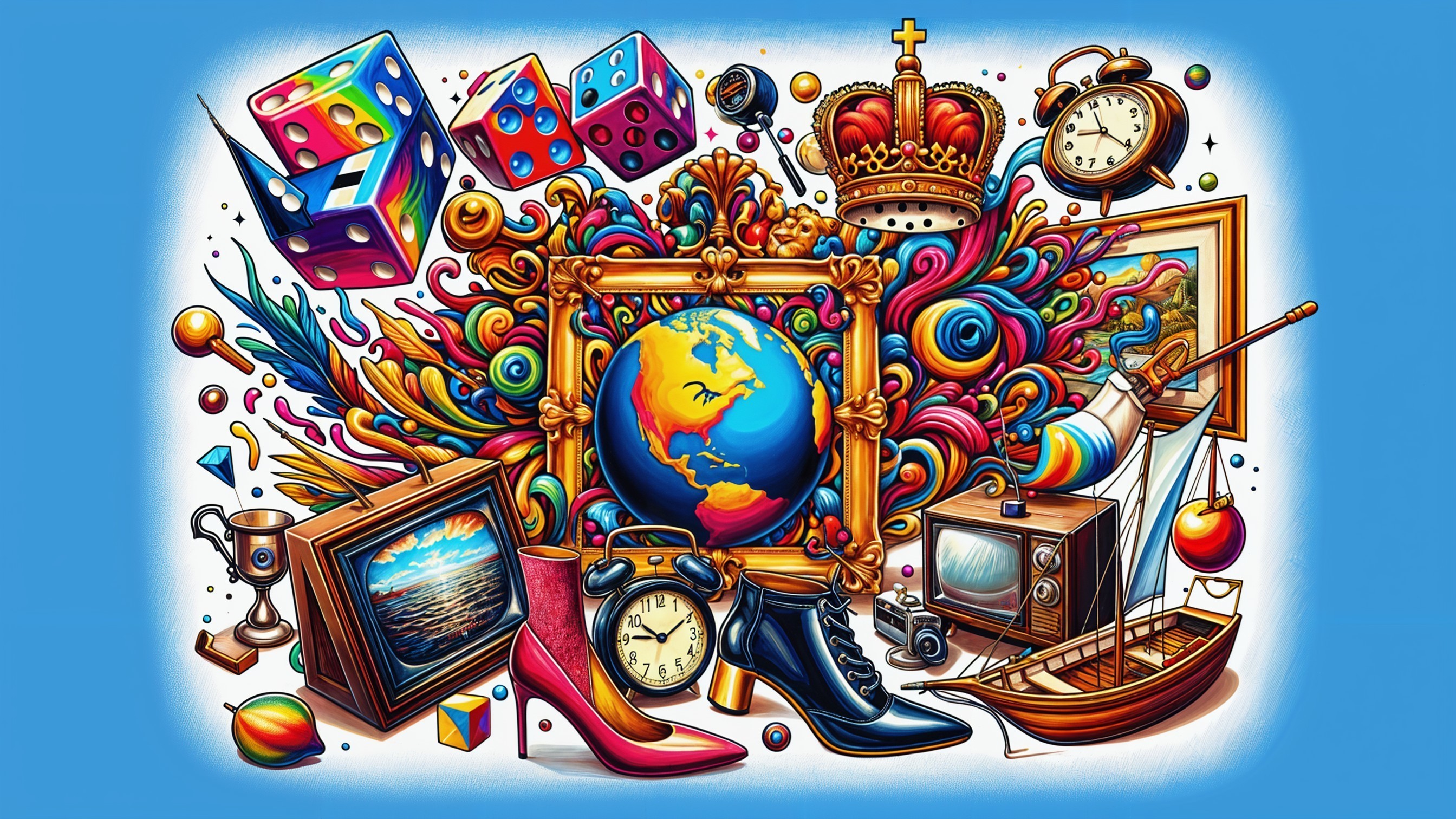 Colorful Collage with Globe and Eclectic Items