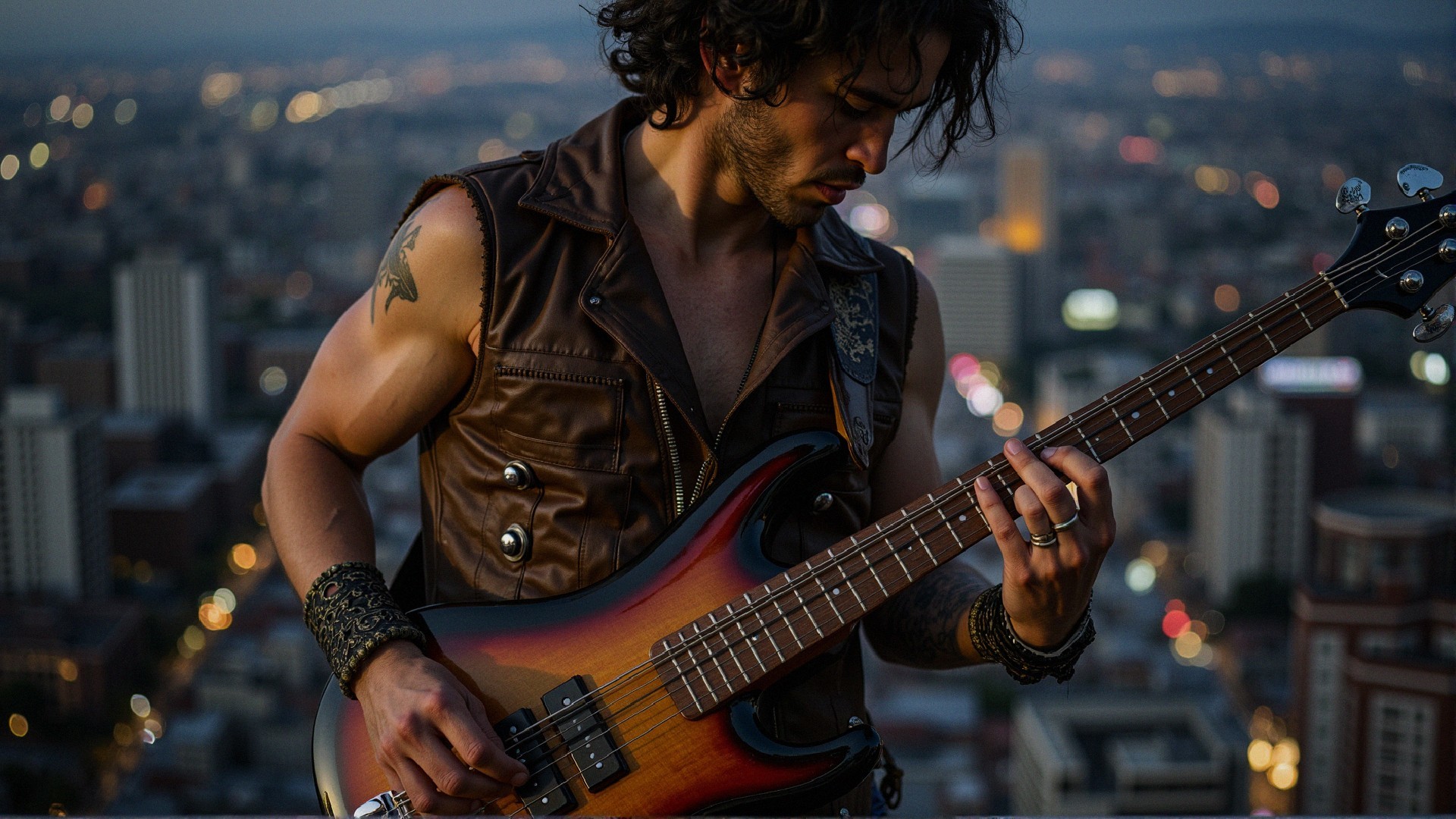 Guitar Player on Rooftop at Twilight with City Skyline