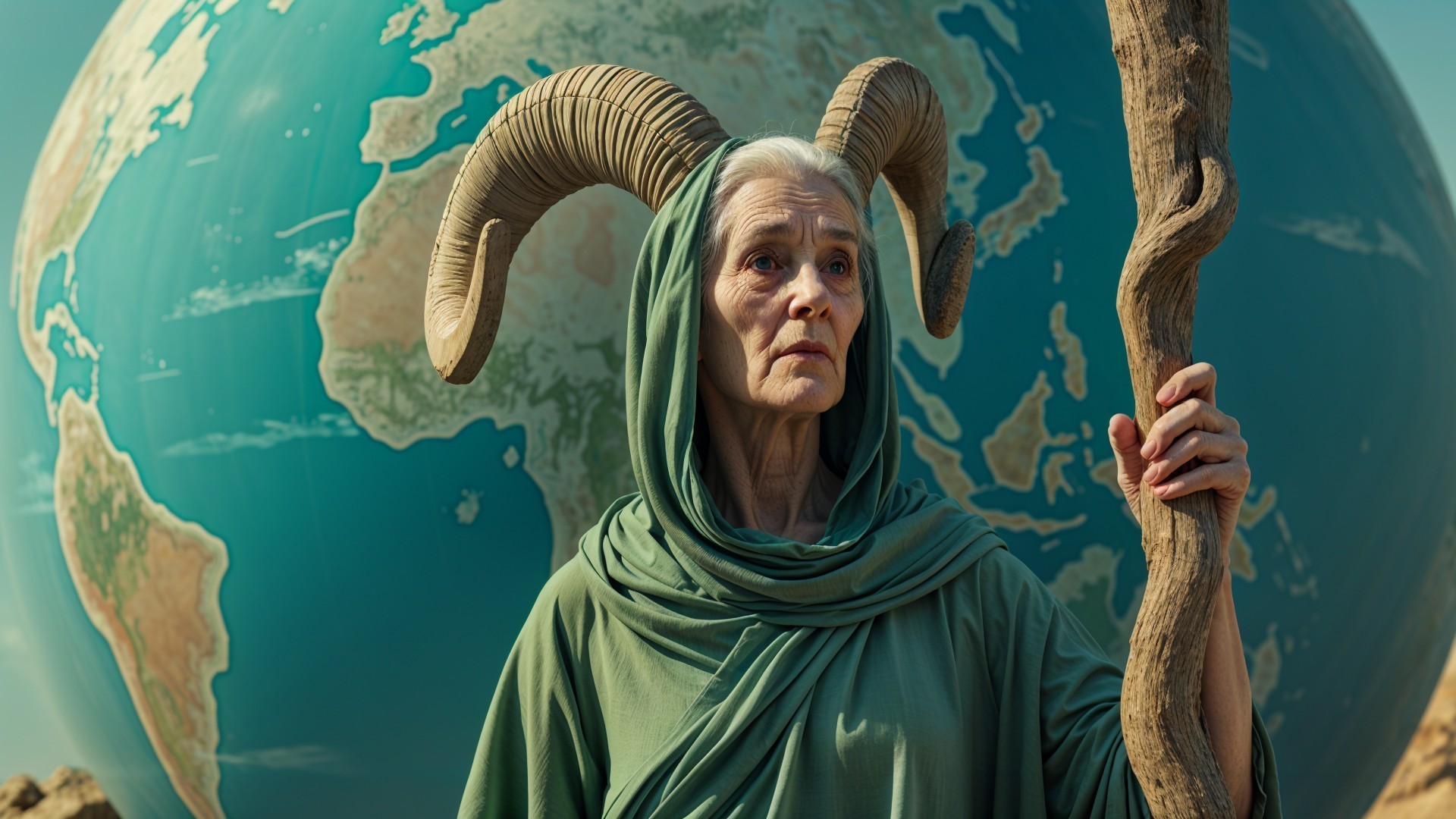 Elderly Figure with Globe and Staff in Serene Setting