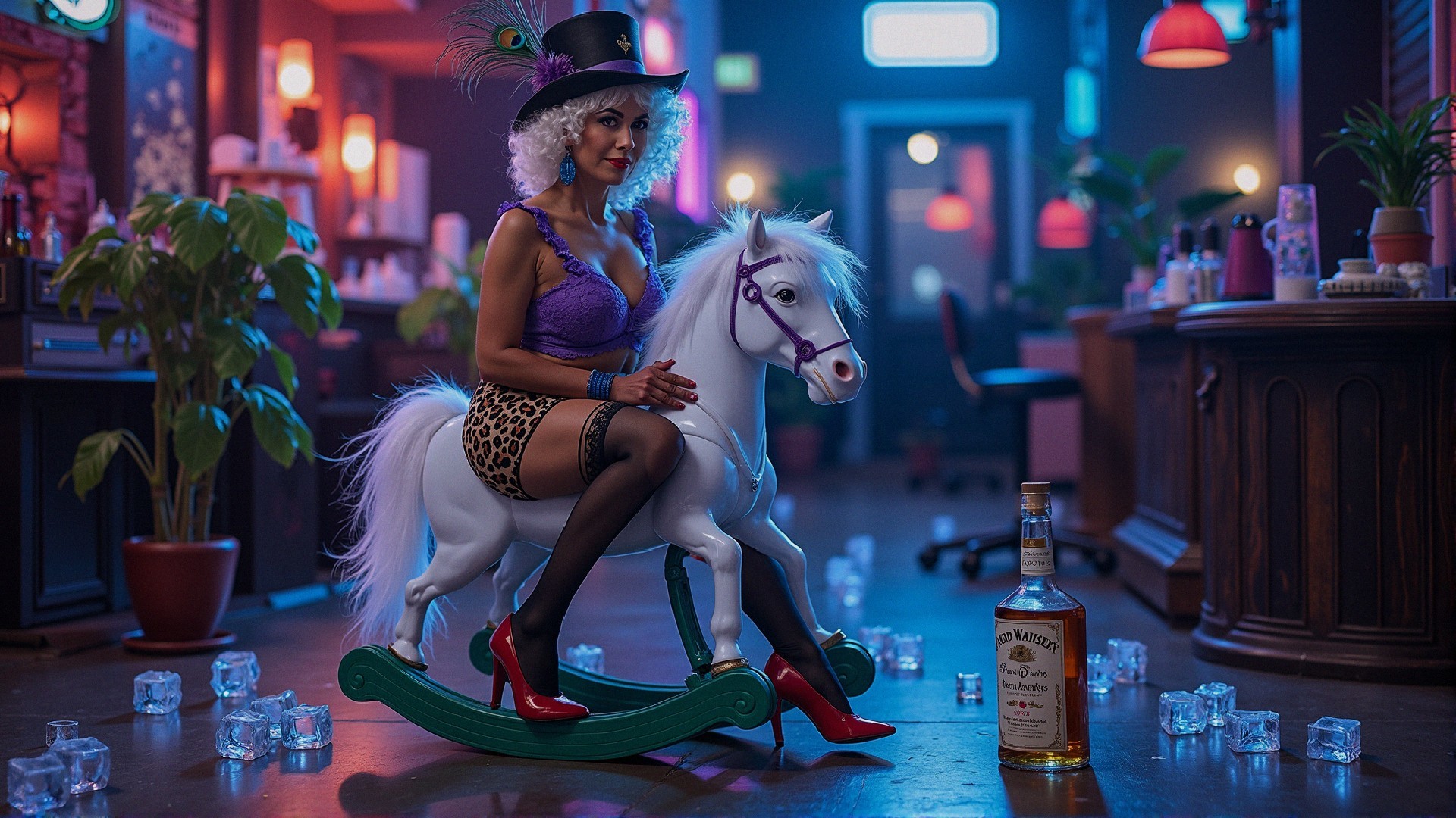 Woman on Rocking Horse in Vibrant, Dimly Lit Space