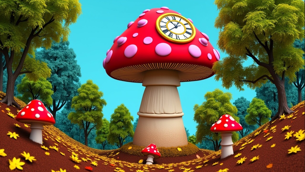 Whimsical Red Mushroom Scene in Vibrant Landscape