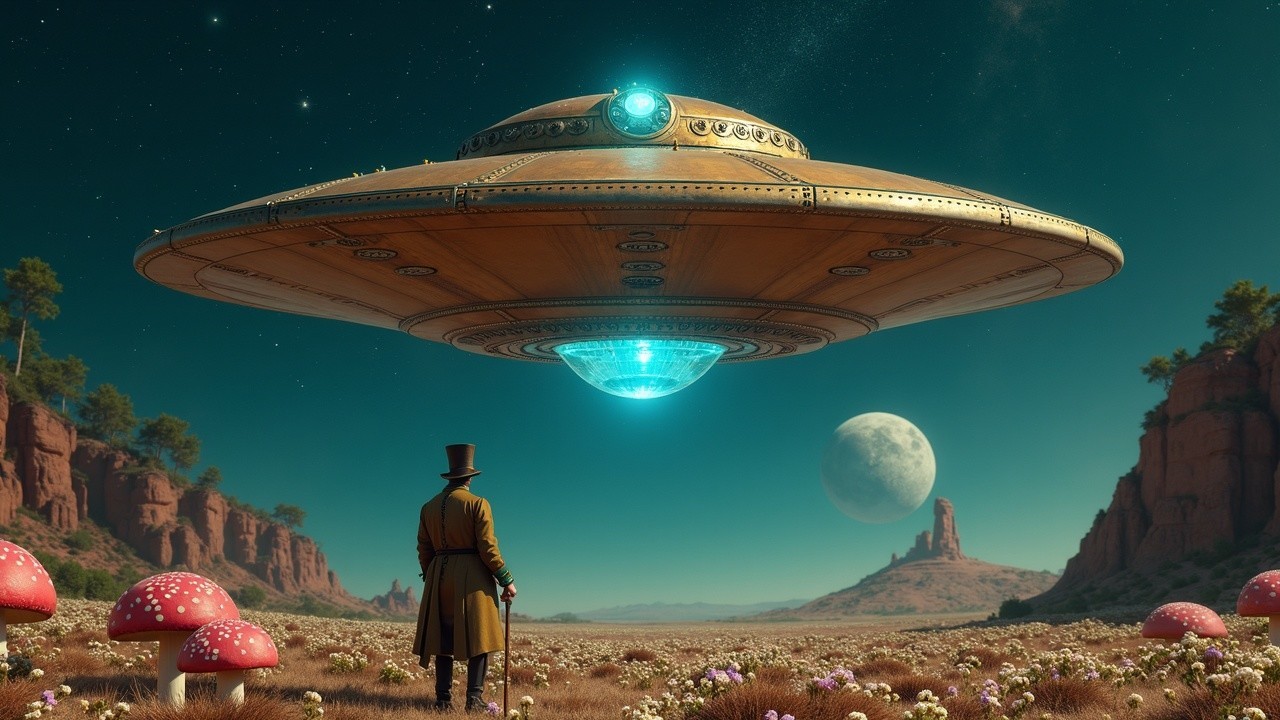 Surreal Landscape with Man, Mushrooms, and UFO