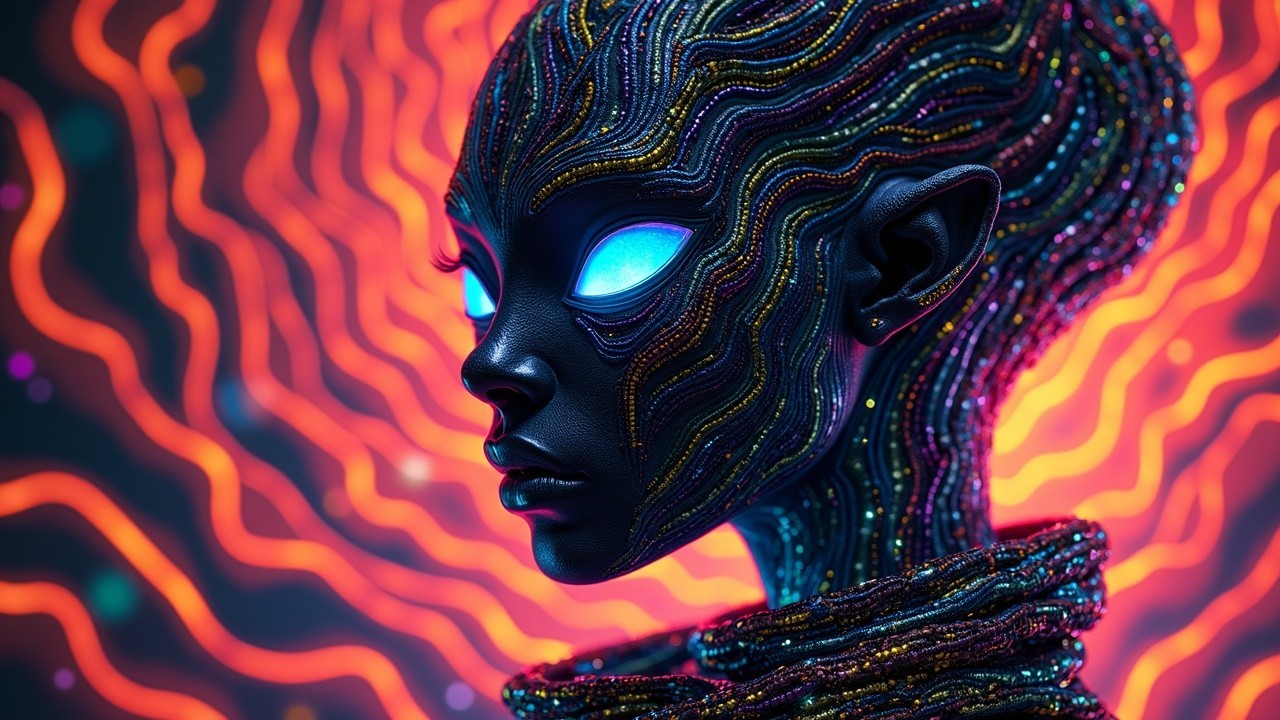 Humanoid Figure with Glowing Eyes and Beaded Patterns