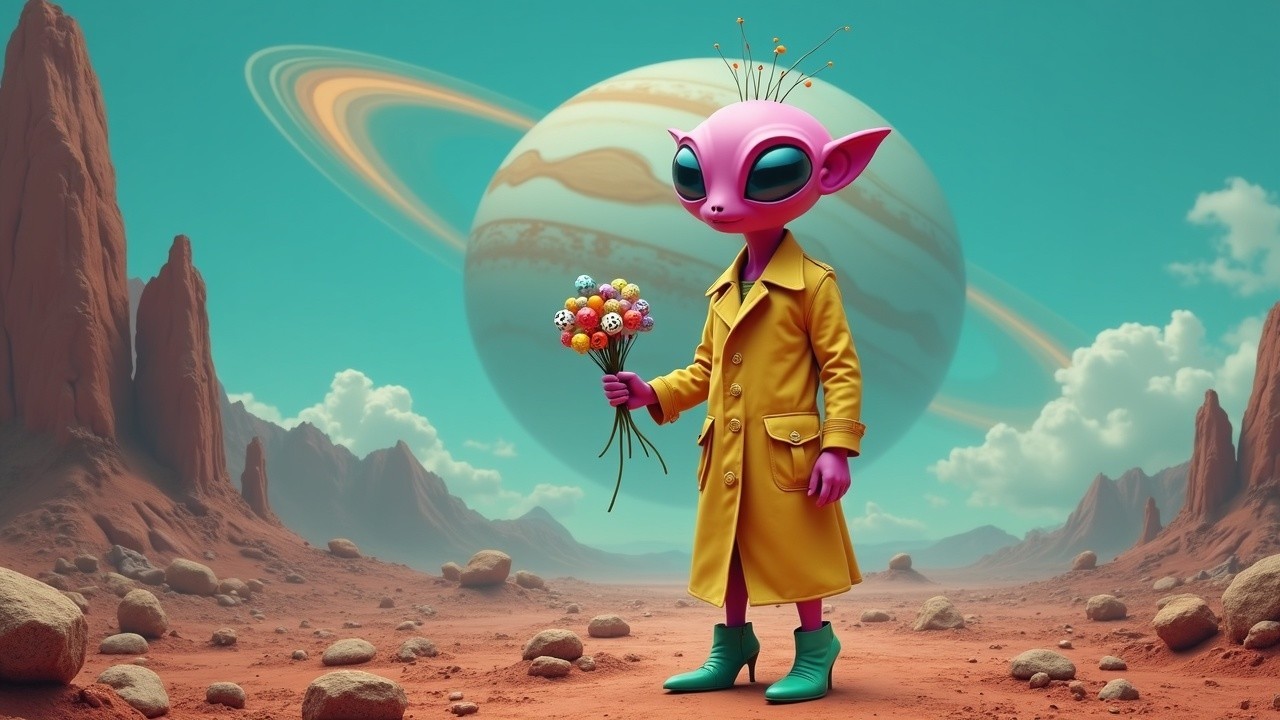 Whimsical Alien in Vibrant Otherworldly Landscape