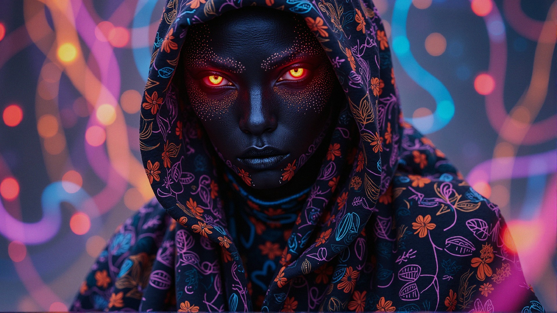 Cloaked Figure with Floral Garment and Glowing Eyes