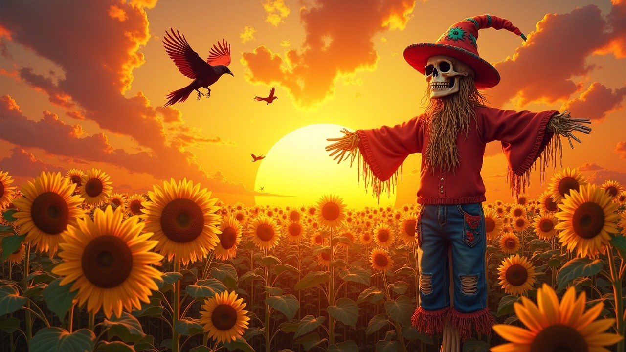 Whimsical Skeleton Scarecrow in Sunflower Field