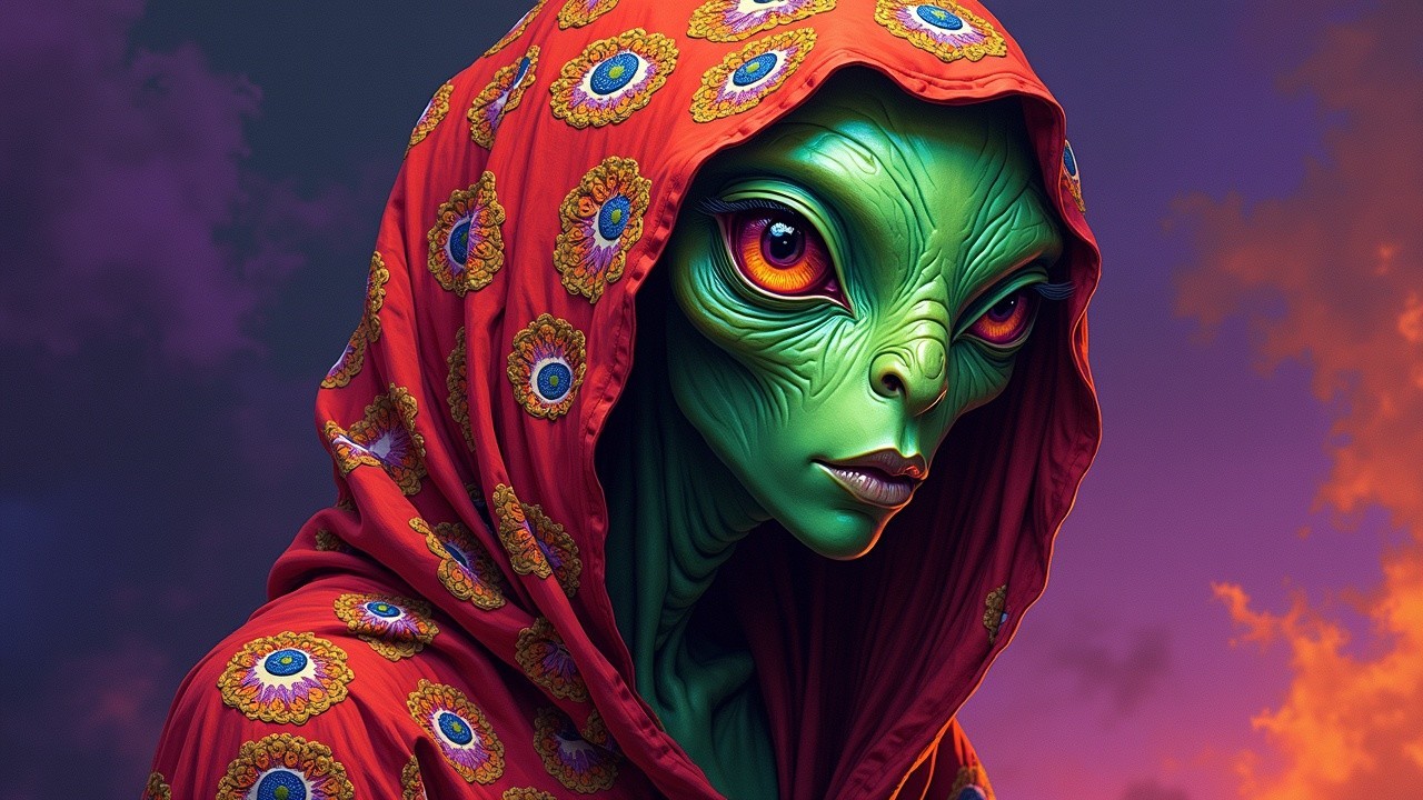 Humanoid Alien with Green Skin and Cloak at Dusk