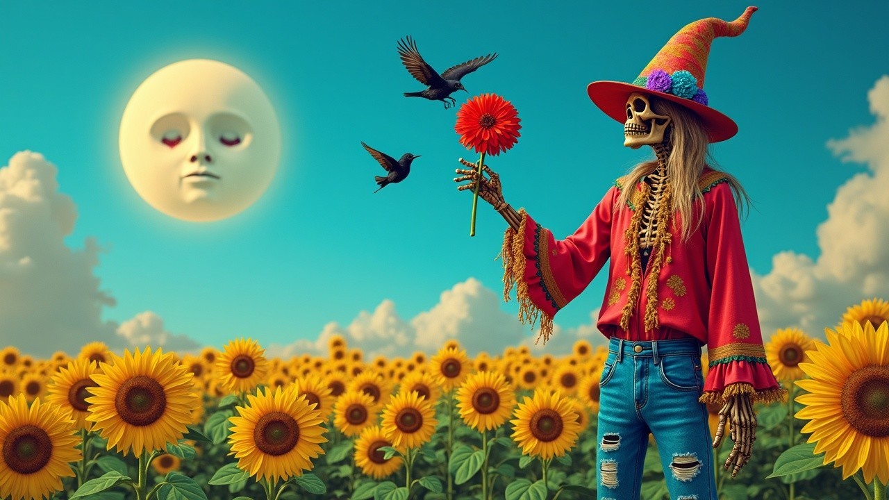 Whimsical Skeleton in Sunflower Field at Night