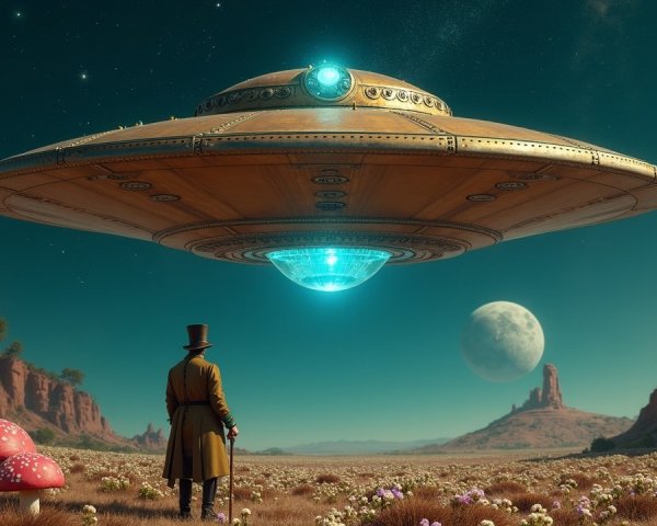 Surreal Landscape with Man, Mushrooms, and UFO