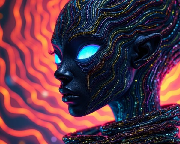 Humanoid Figure with Glowing Eyes and Beaded Patterns