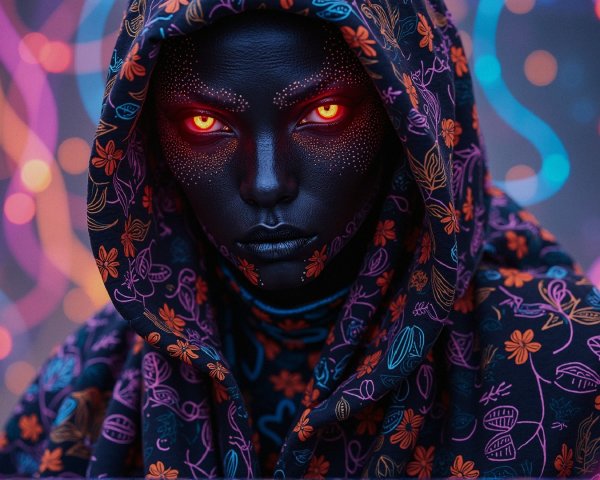 Cloaked Figure with Floral Garment and Glowing Eyes