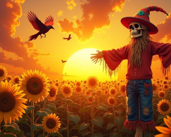 Whimsical Skeleton Scarecrow in Sunflower Field