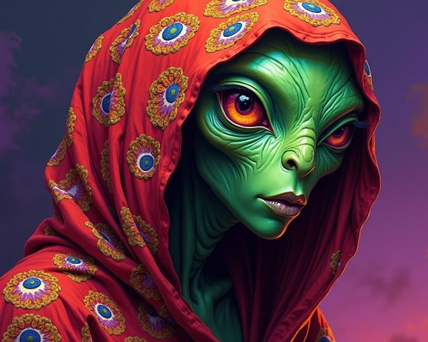 Humanoid Alien with Green Skin and Cloak at Dusk