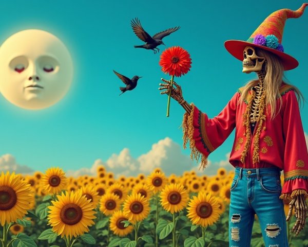 Whimsical Skeleton in Sunflower Field at Night