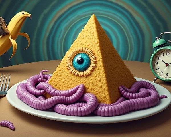 Surreal Scene of Pyramid Cheese Structure with Eye