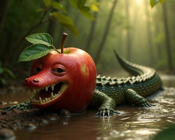 Whimsical Creature of Apple and Crocodile in Forest